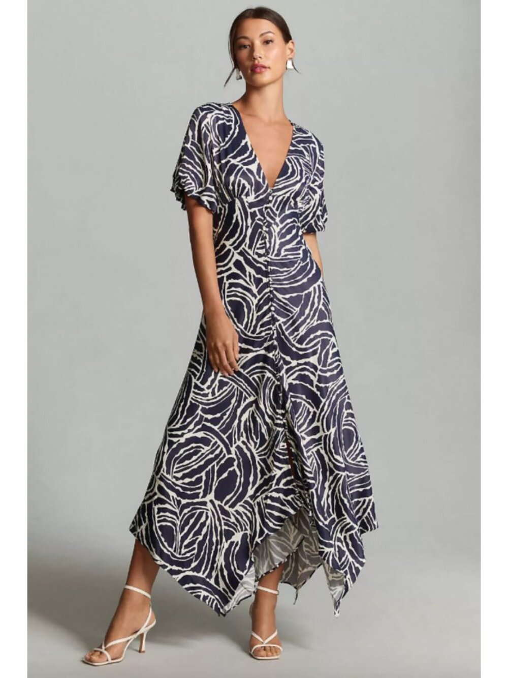Anthropologie Navy Abstract Short Sleeve V-Neck Button Front Midi Dress US 6